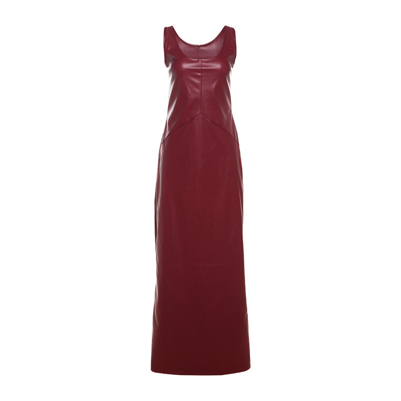 Cross-border European and American style 2024 autumn new sexy U-neck slim-fit suspender PU solid color slit long dress for women - Image 6