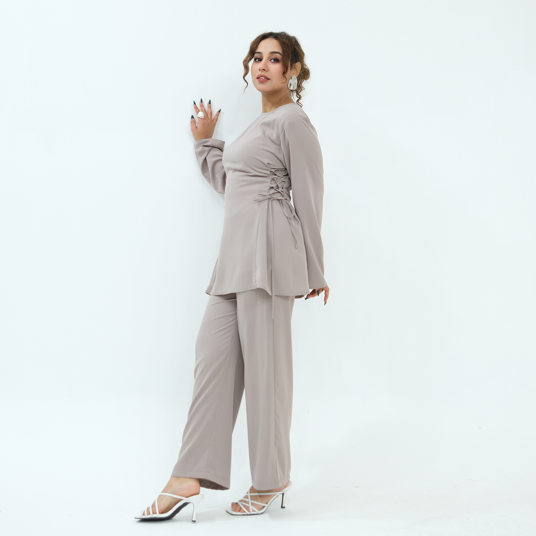 Ai Yirui's real-shot product, cross-border solid color waist-cinching two-piece set 1090 - Image 3