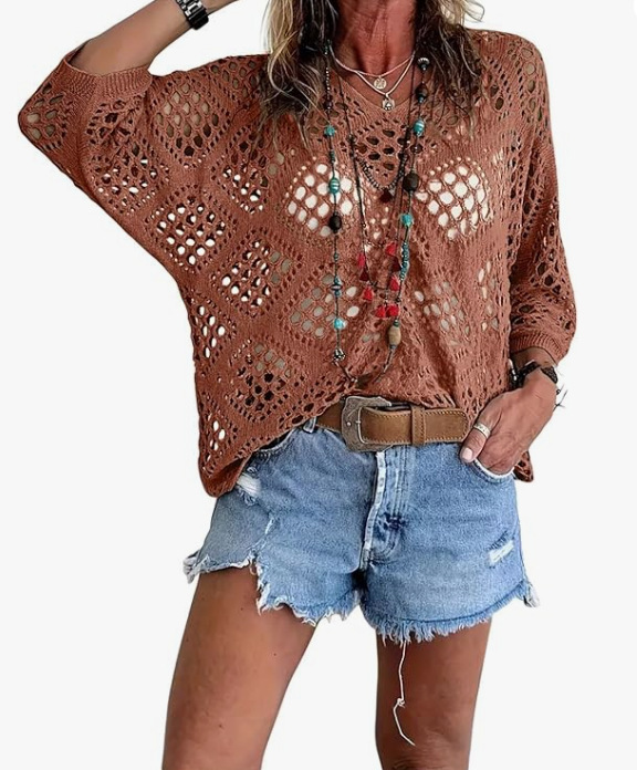 Cross-border e-commerce, Europe and America, Amazon Spring/Summer V-neck diamond-patterned openwork batwing sleeve women's sweater cover-up knitwear - Image 26