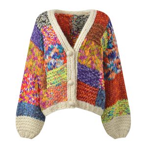 2025 Autumn New Arrival Heavy-Duty Chunky Knit Colorful Plaid Long-Sleeve V-Neck Sweater Cardigan