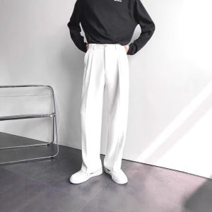 American-style white men's suit pants, high-end look, loose-fitting straight leg, floor-length, casual and versatile, trendy suit pants.
