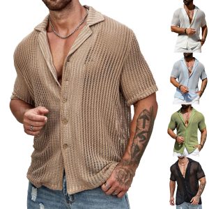 European and American men's casual shirts summer fashion cool breathable men's cardigan solid color short-sleeved tops knitted men's shirts
