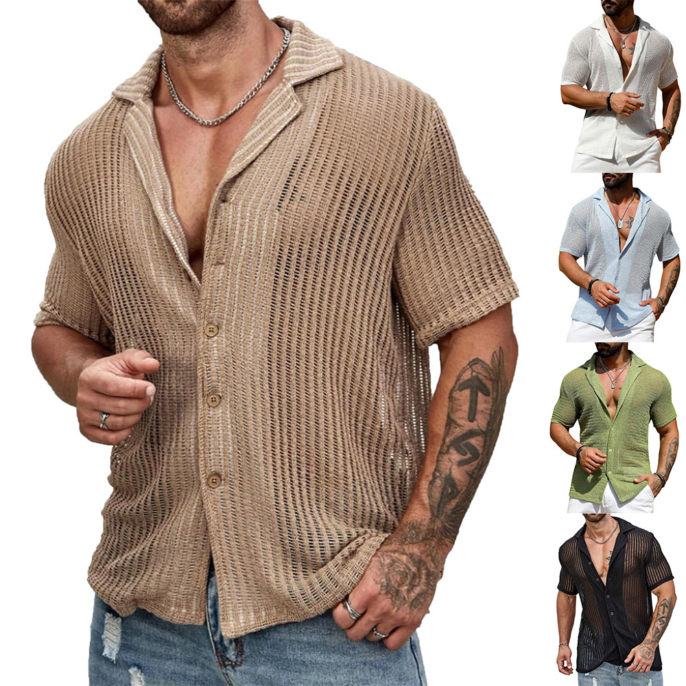 European and American men's casual shirts summer fashion cool breathable men's cardigan solid color short-sleeved tops knitted men's shirts
