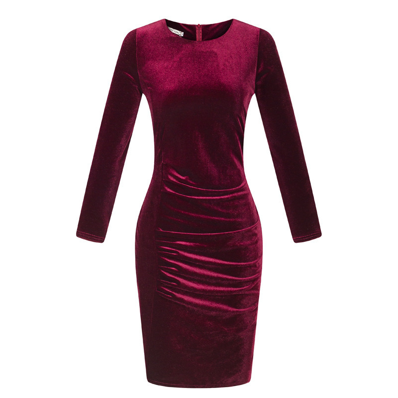 2023 ebay AliExpress European and American Foreign Trade Best Selling Korean Velvet Slim Long-sleeved Gold Silk Velvet Hip Dress - Image 7
