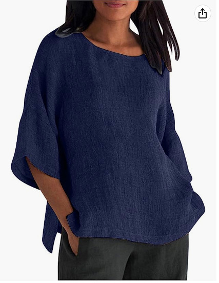 2026 Wish, EABI, Amazon New Arrival Women's Three-Quarter Sleeve Round Neck Cotton Linen Shirt Top - In Stock - Image 7