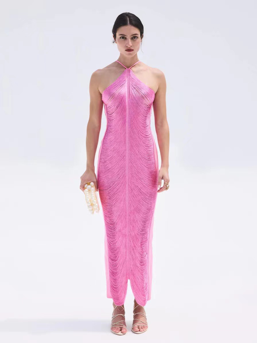 2025 European and American foreign trade cross-border supply fashion tassel back slit halter neck dress light luxury slim fit - Image 6