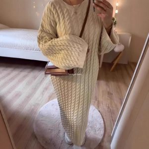2024 autumn and winter new cross-border foreign trade women's clothing fashion solid color retro lazy gentle style medium long sweater dress women