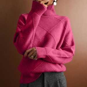Autumn/Winter New Cross-Border Casual Versatile Knit Sweater Loose High Neck Warm Sweater Solid Color Knit Pullover Top for Women