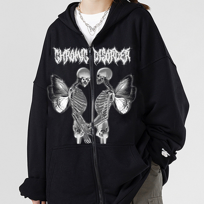New arrival Skull Wings Hooded Zipper Sweatshirt Women Korean Style Plus Velvet Thickened Loose Sports Cardigan Sweatshirt Women