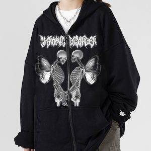 New arrival Skull Wings Hooded Zipper Sweatshirt Women Korean Style Plus Velvet Thickened Loose Sports Cardigan Sweatshirt Women