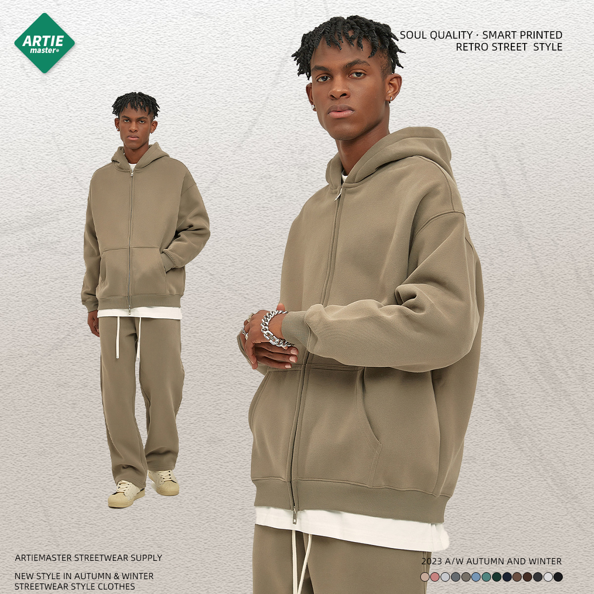 ARTIE Men's Wear-2024 Autumn and Winter New Products Plus Velvet 350G Double-Head Zipper Cardigan Loose Fashion Brand Hooded Sweatshirt - Image 5