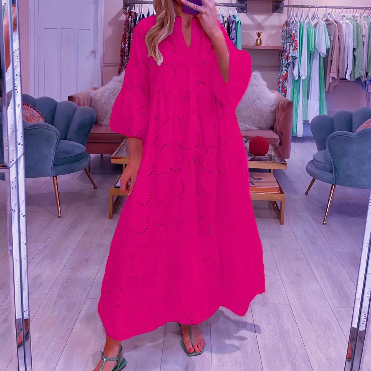 2023 Europe and America Cross Border Summer and Autumn French Style V-neck Bell Sleeve Lace Hollow-out Solid Color Sexy Long Dress for Women - Image 5