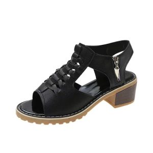 2024 summer new women's shoes Korean style thick heel sandals side zipper casual wedge heel solid color thick heel large size sandals for women