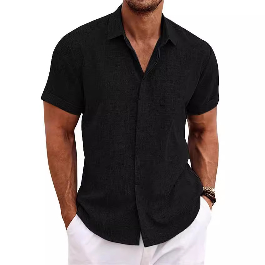 Men's linen short-sleeved T-shirt loose sweatshirt solid color short-sleeved cotton and linen shirt men's beach large size men's short-sleeved shirt - Image 3