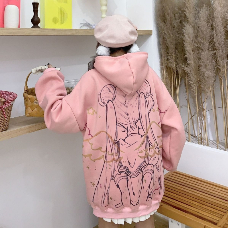 2021 Autumn and Winter Trend ins Harajuku Pink Girl Cartoon Anime Print Loose Plush Hooded Sweatshirt Women - Image 2