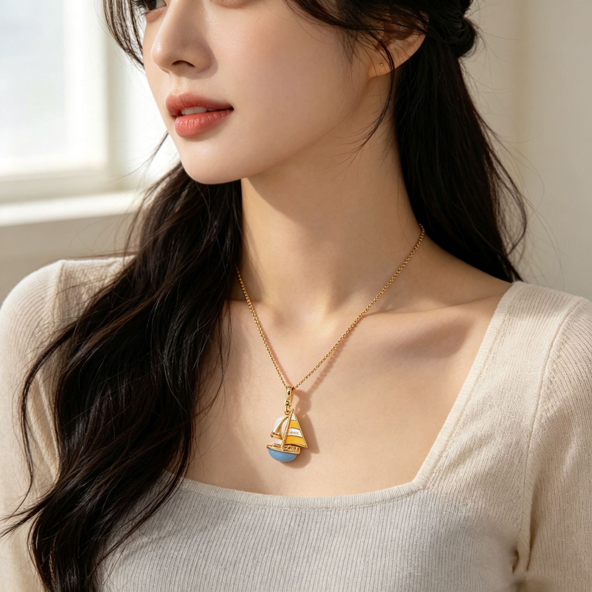 High-end enamel blue sailboat pendant necklace with fresh lettering, suitable for cross-border trade and export. - Image 5