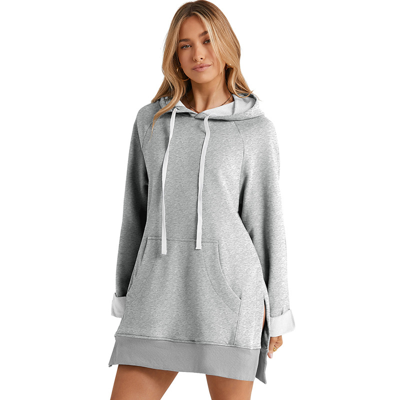 European and American fashion women's autumn and winter new solid color drawstring hooded sweatshirt women's mid-length loose slit top for women - Image 6