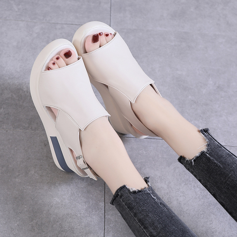 Thick-soled wedge sandals women's 2021 new summer high-heeled fish mouth women's shoes soft leather increased platform shoes - Image 9