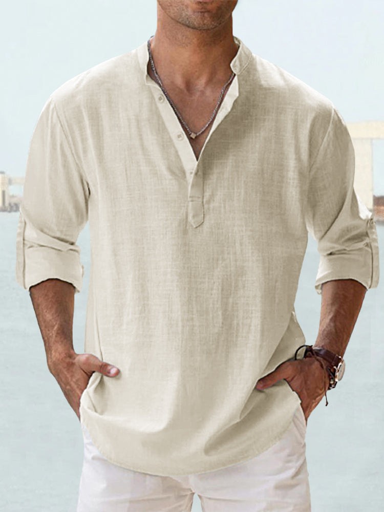 Summer New Casual Men's Loose Fit Stand Collar Sports Solid Color Long Sleeve Pure Cotton Shirt Plus Size Available - Image 6