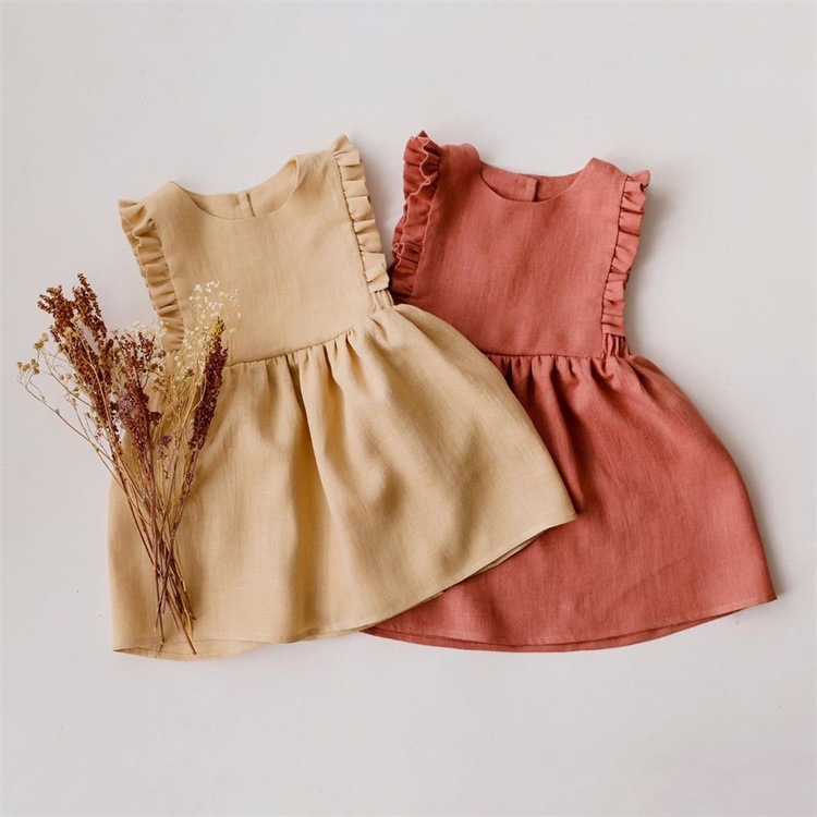 Girls summer dress cotton and linen sleeveless tank top ins popular solid color belly skirt baby clothes girls skirt