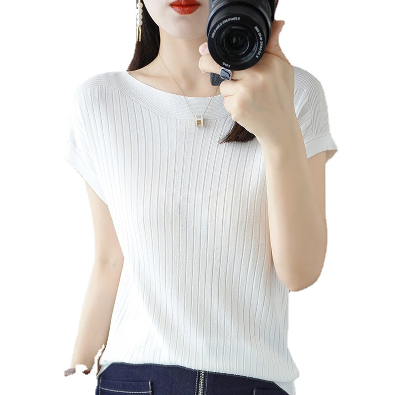 Ice silk knitted sweater women's loose short-sleeved thin t-shirt 2023 summer new inner top with one word collar thin outer wear - Image 5