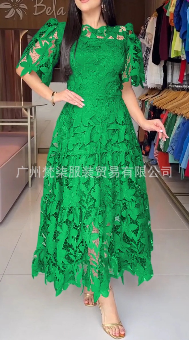 European and American cross-border e-commerce, 2025 summer Amazon independent store, elegant and fashionable heavy-duty hollowed-out lace solid color dress. - Image 15