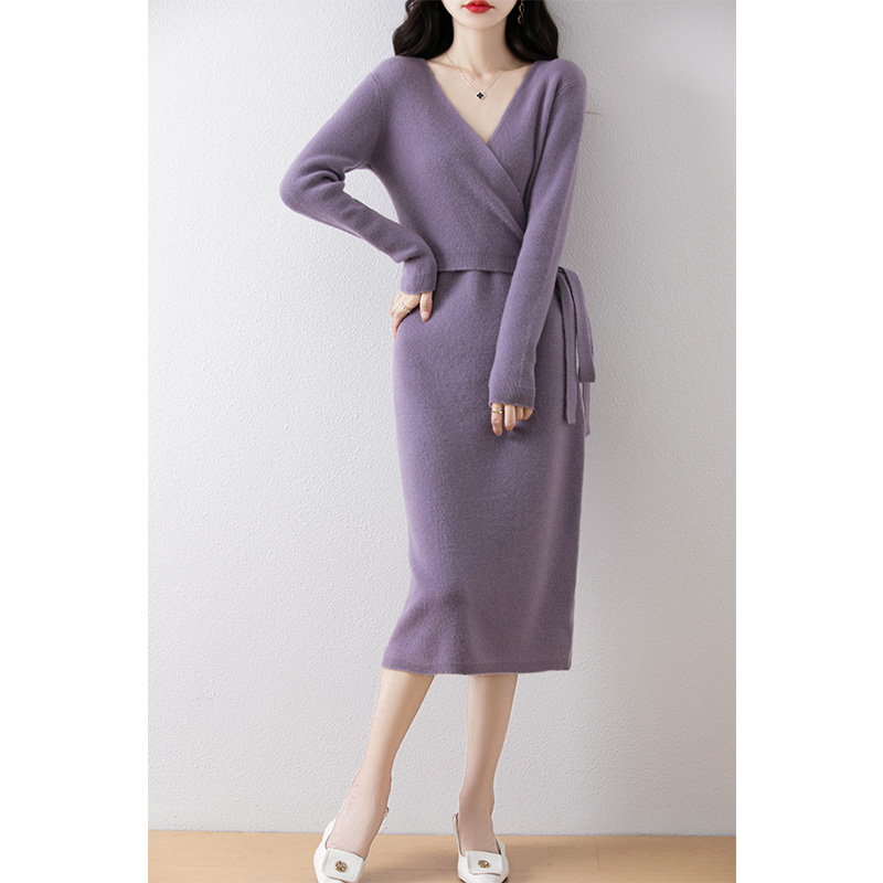 2024 Autumn/Winter New Light Luxury Pure Wool Dress Cross Neck Waist Tie-Waist Long Dress Slimming Knit Dress - Image 7