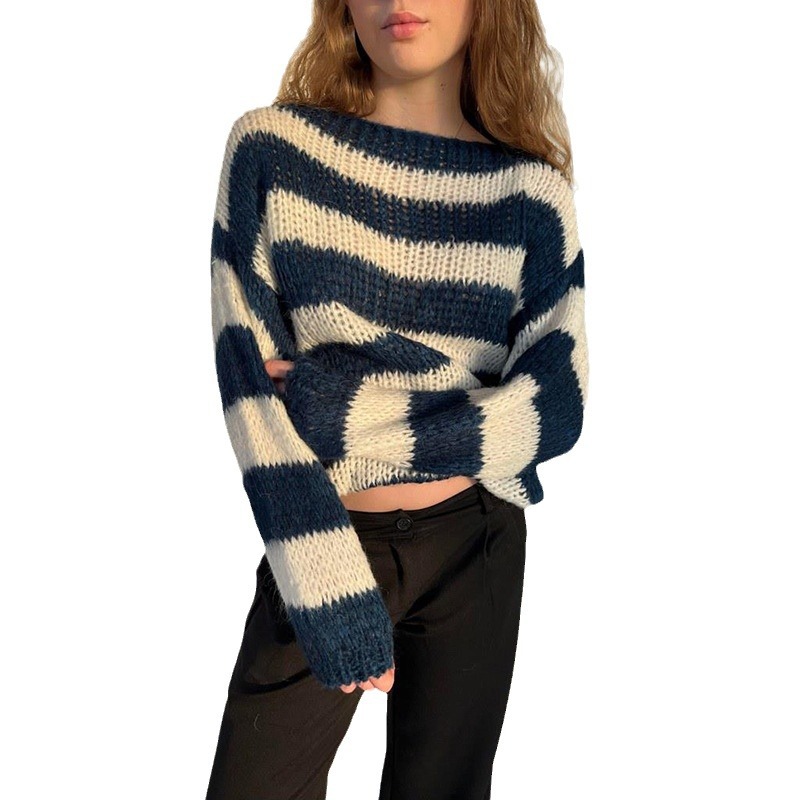 European and American 2024 winter new sweater for women Round neck striped loose lazy versatile long sleeve knitted sweater for women - Image 5