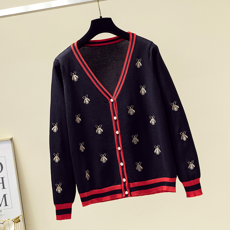 Early autumn new style bee embroidery thin ice silk commuter sweater small fragrance wind top coat sweater tide cardigan women - Image 2