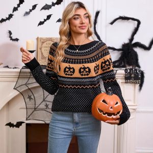European and American style autumn and winter women's sweater, Amazon cross-border Halloween pumpkin embroidered retro polka dot long-sleeved knit sweater for women