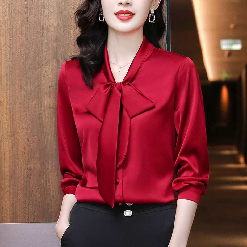 Bow tie single breasted cardigan casual shirt for women spring and autumn temperament solid color long sleeves western-style age-reducing shirt - Image 9