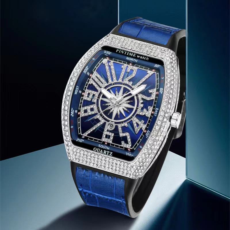 PINTIME/Pintime Men's Watch Barrel Watch Simple Watch Belt Yacht Diamond Retro Waterproof Quartz Watch - Image 7