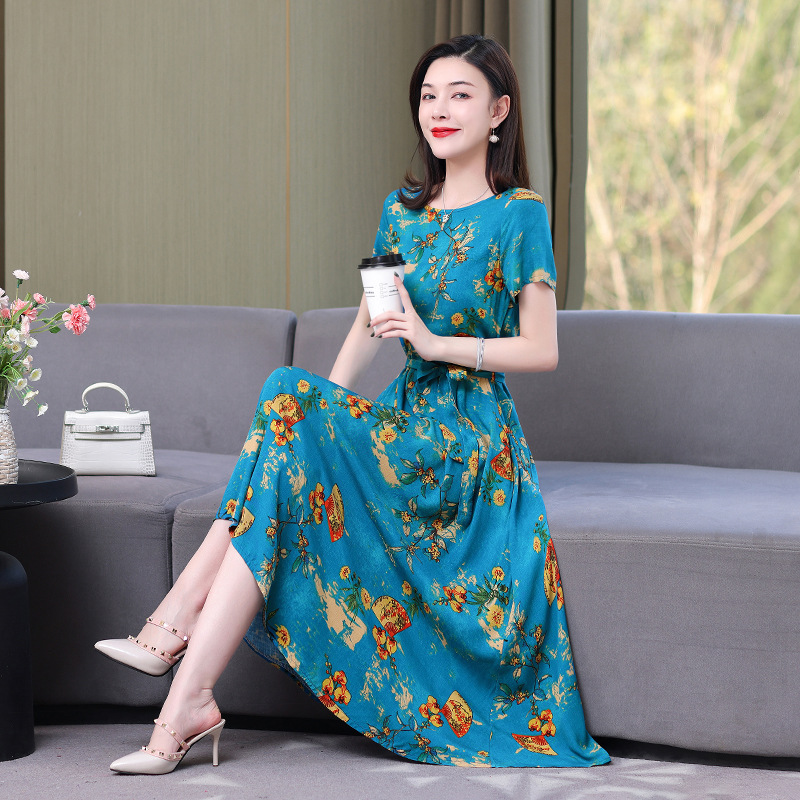 Artificial cotton silk dress women's clothing 2023 summer new middle-aged mother mid-length over-the-knee plus-size loose skirt - Image 13