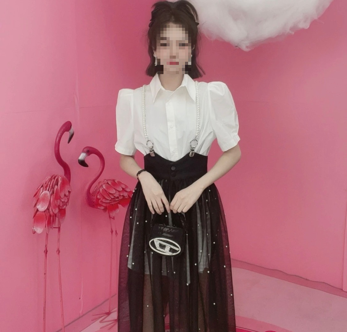 2023 spring and summer new style waist waist net gauze suspender skirt temperament lapel shirt slim suit - Image 5