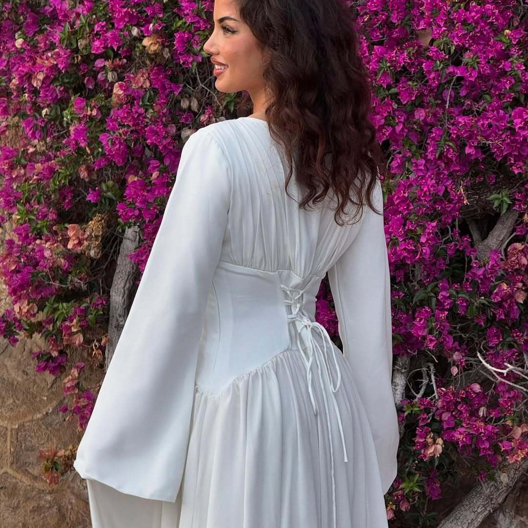 2026 Loriya Elegant Solid Color Long-Sleeved High-Quality Double-Layer Fitted Waist Dress LR1330 - Image 5