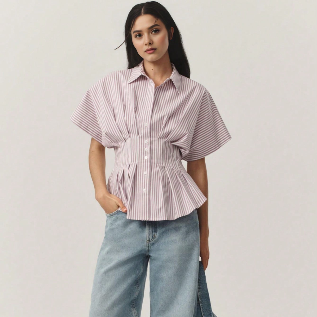 AliExpress New European and American Style Waist-cinching Shirt, Casual and Versatile Striped Pleated Waist-cinching Slimming Top - Image 9