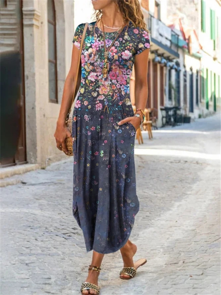 2021 European and American cross-border new Amazon independent station women's round neck pocket short-sleeved trendy printed dress - Image 4
