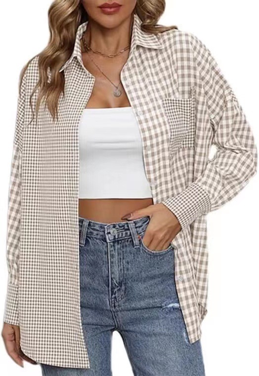 2023 Amazon women's spring and summer new cross-border European and American foreign trade ladies' fashion loose casual plaid shirt - Image 11
