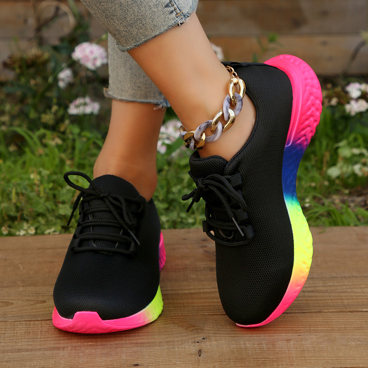 New cross-border 2023 autumn European and American large size 36~43 rainbow single shoes women's casual thick-soled lace-up sports shoes women