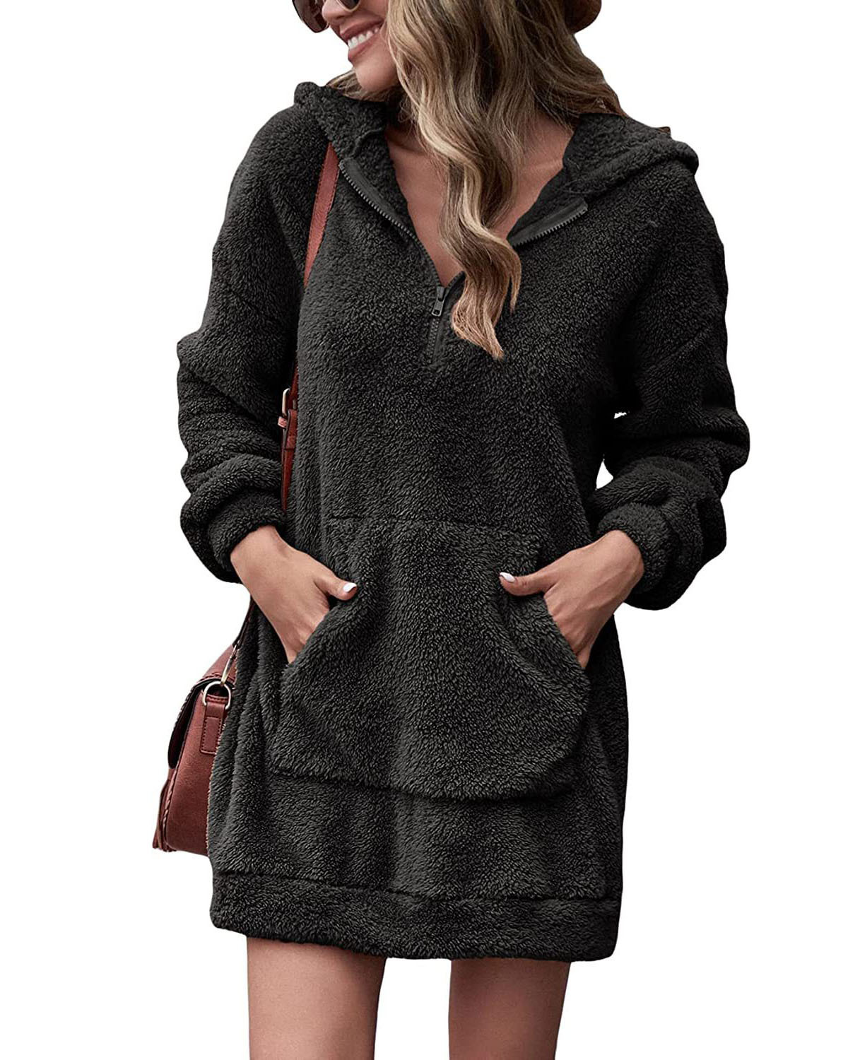 2022 new European and American cross-border autumn and winter women's clothing double-sided fleece hooded loose zipper plush pocket sweater jacket - Image 7