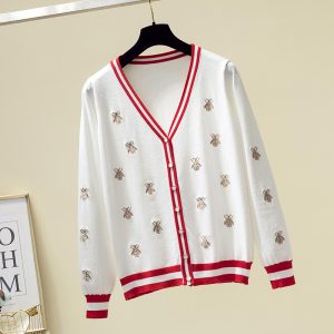 Early autumn new style bee embroidery thin ice silk commuter sweater small fragrance wind top coat sweater tide cardigan women