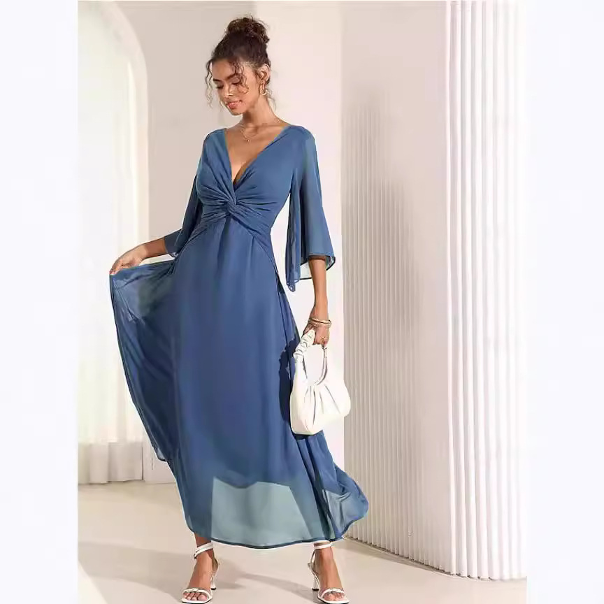 2024 Cross-Border Amazon Temu Solid Color V-Neck Flared Sleeve Maxi Dress Party Dress 3/4 Long Sleeve - Image 2
