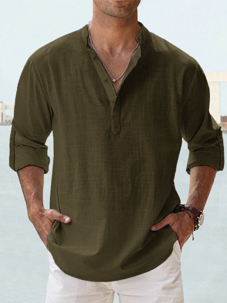 Summer New Casual Men's Loose Fit Stand Collar Sports Solid Color Long Sleeve Pure Cotton Shirt Plus Size Available - Image 15