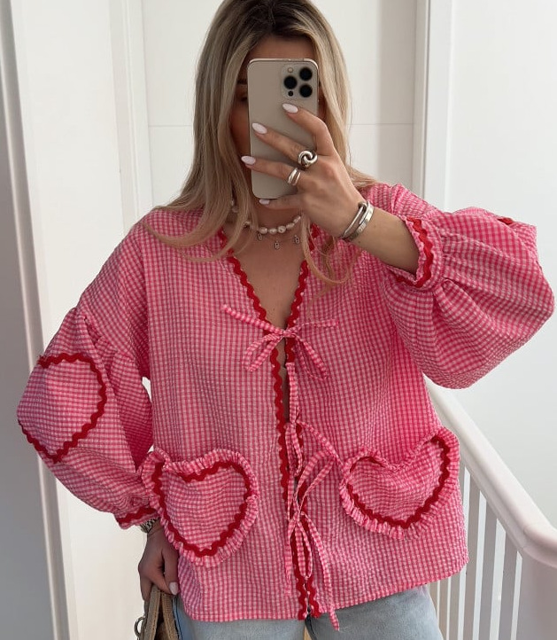 GY25071 Fashion contrast color plaid lantern sleeve top - Image 6