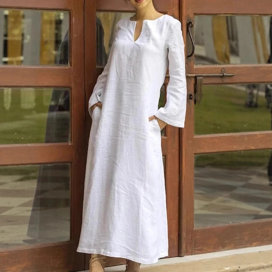 European and American cross-border trade women's clothing, elegant, simple, solid color, loose casual V-neck straight dress, midi skirt - Image 6