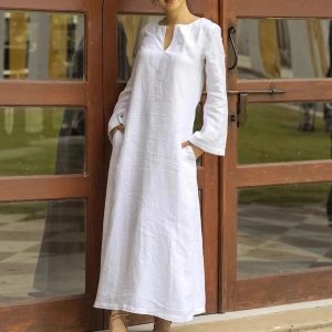 European and American cross-border trade women's clothing, elegant, simple, solid color, loose casual V-neck straight dress, midi skirt
