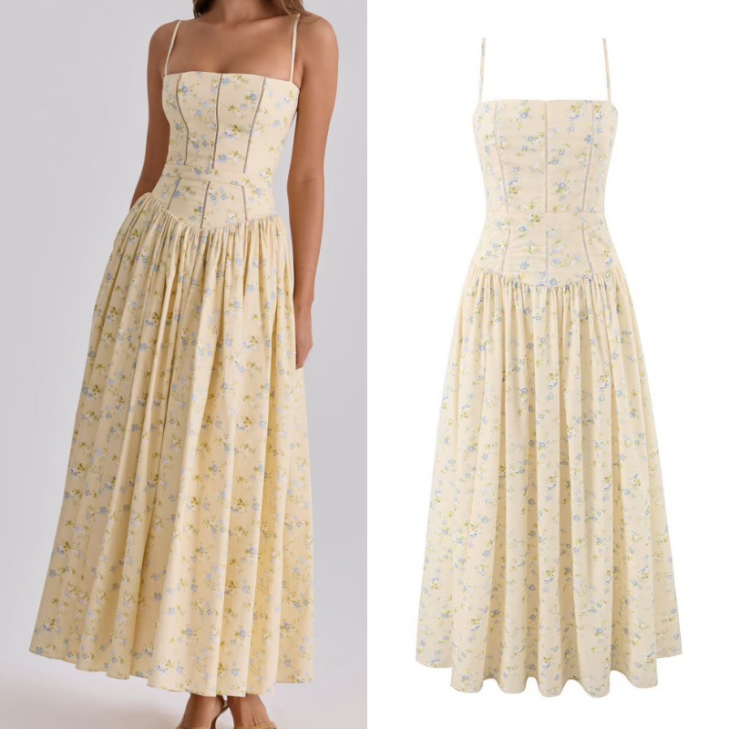 House style, wholesale export, French fresh and gentle vacation style floral maxi dress with waist-cinching suspenders - Image 2