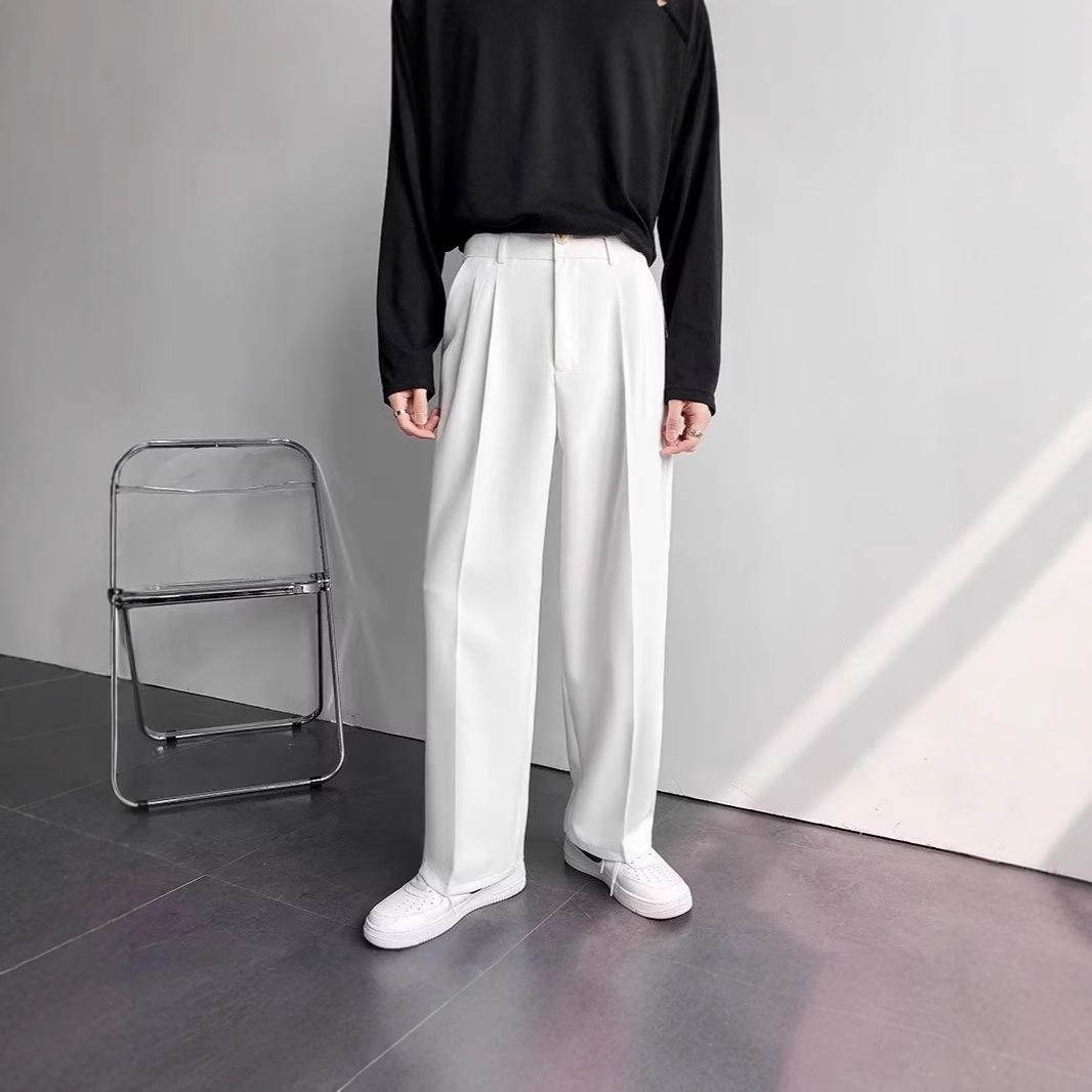 American-style white men's suit pants, high-end look, loose-fitting straight leg, floor-length, casual and versatile, trendy suit pants. - Image 3