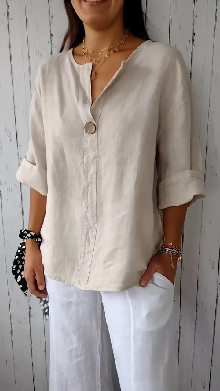 Amazon 2026 Cross-border European and American Summer New Loose T-shirt Women's V-neck Cotton Linen Button Top - Image 7