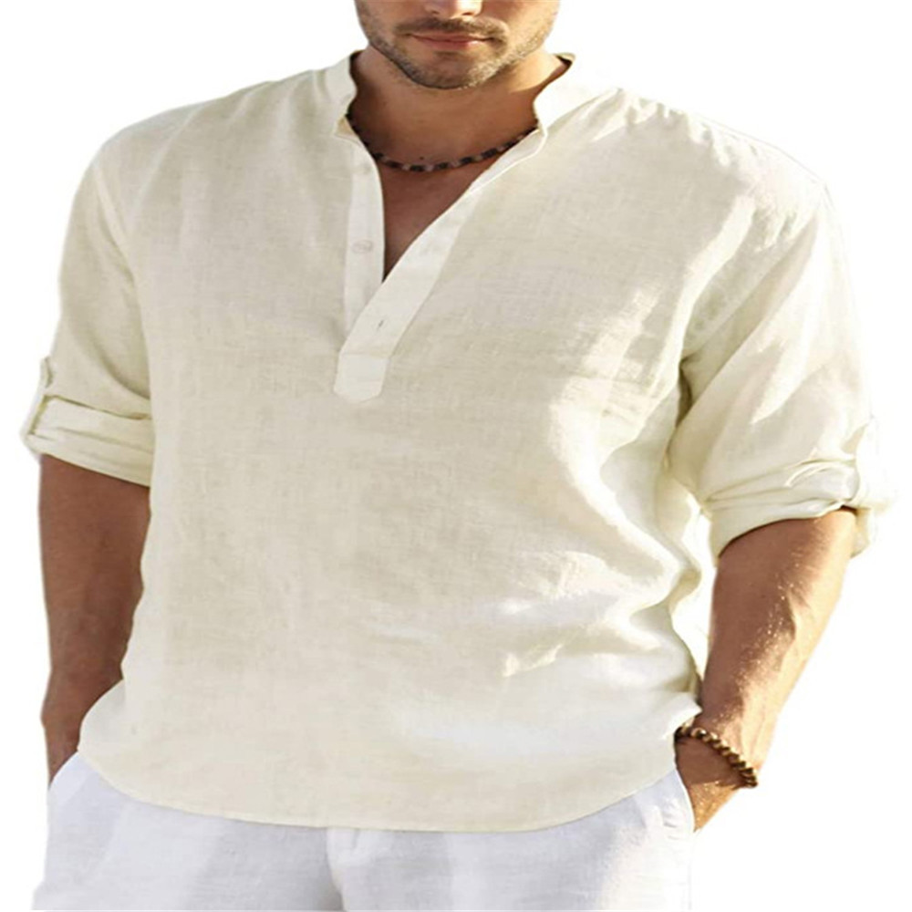 2023 Independent Station foreign trade men's casual cotton and linen solid color long-sleeved shirts loose stand-up collar shirts for men in stock - Image 7